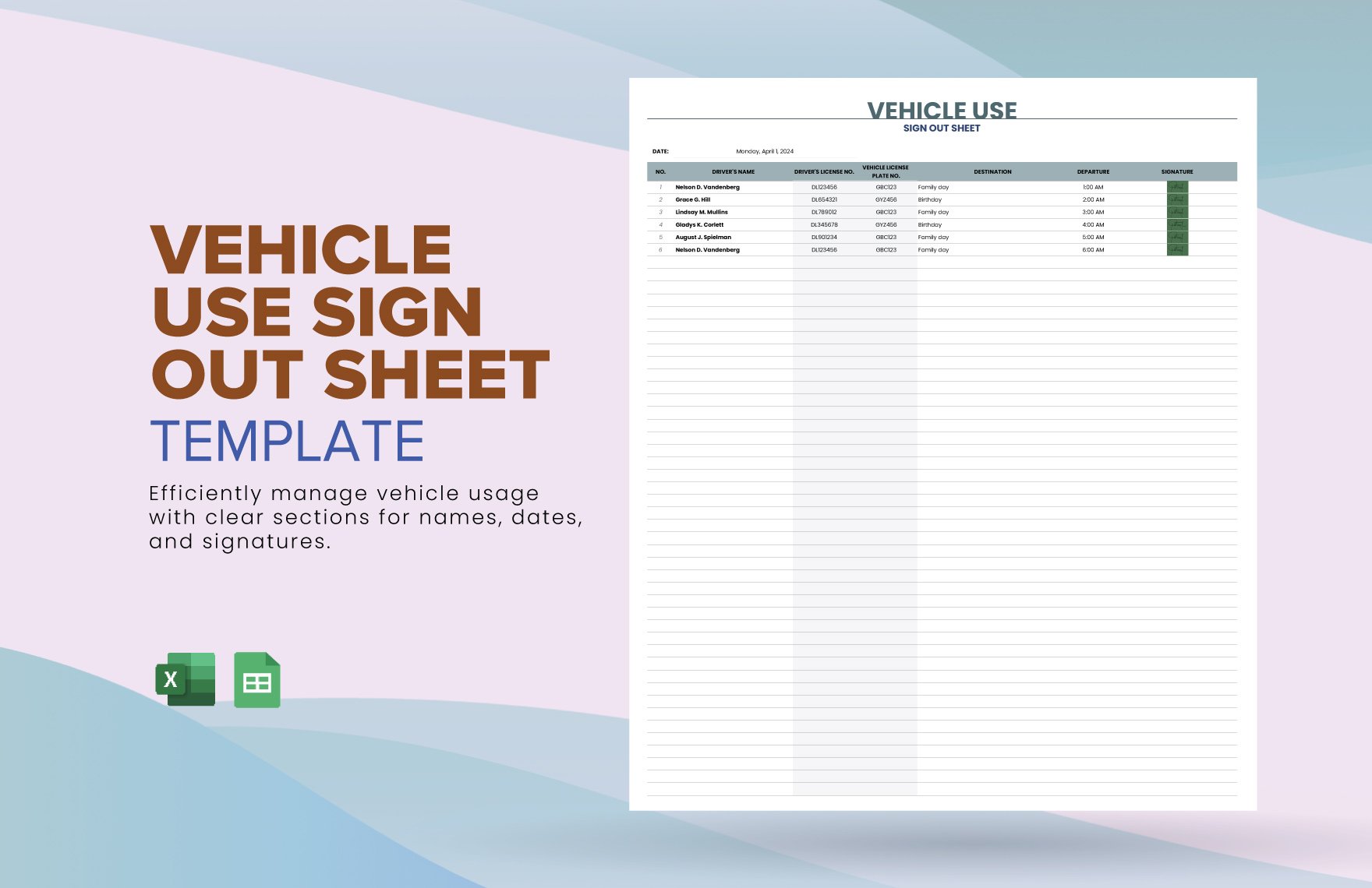 Vehicle Use Sign Out Sheet Template in Excel, Google Sheets