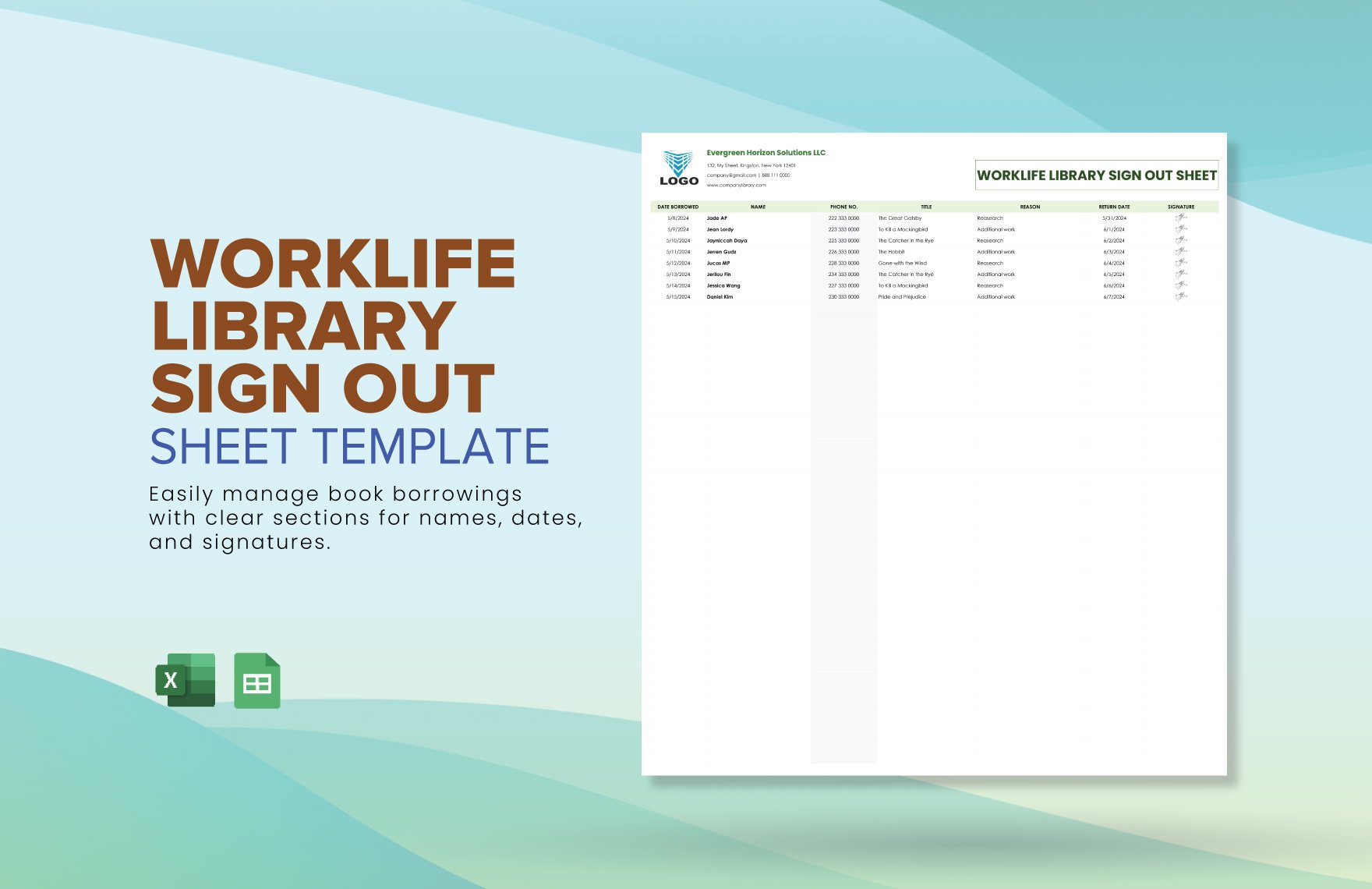 Worklife Library Sign Out Sheet Template in Excel, Google Sheets