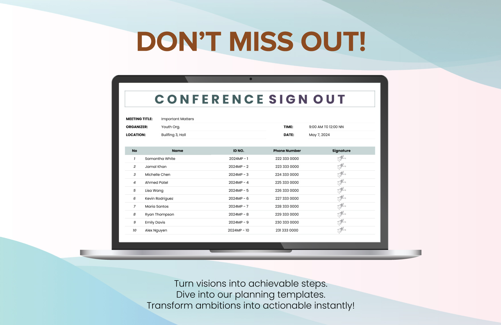 Conference Sign Out Sheet Template