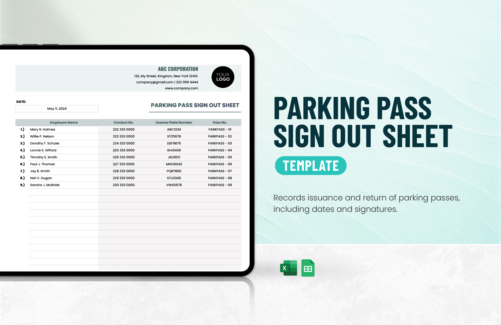 Parking Pass Sign Out Sheet Template in Excel, Google Sheets