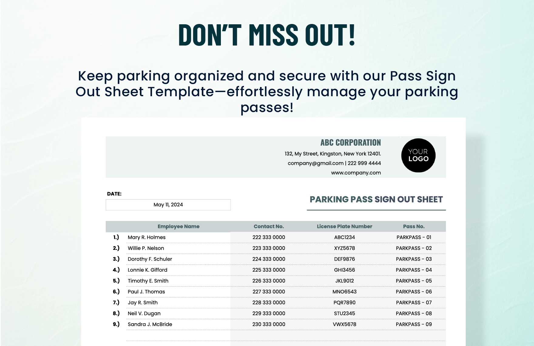 Parking Pass Sign Out Sheet Template