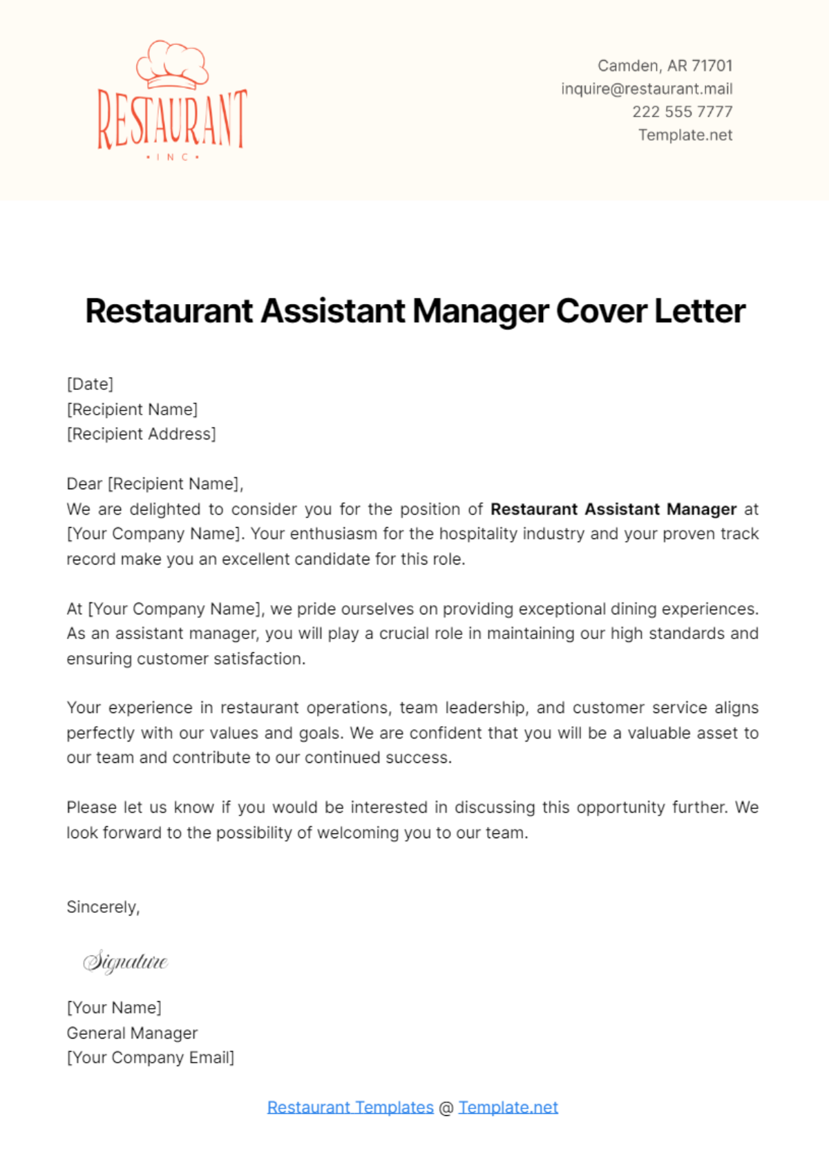 Restaurant Assistant Manager Cover Letter Template - Edit Online & Download