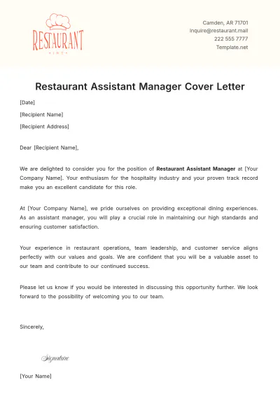 Free Restaurant Assistant Manager Cover Letter Template to Edit Online