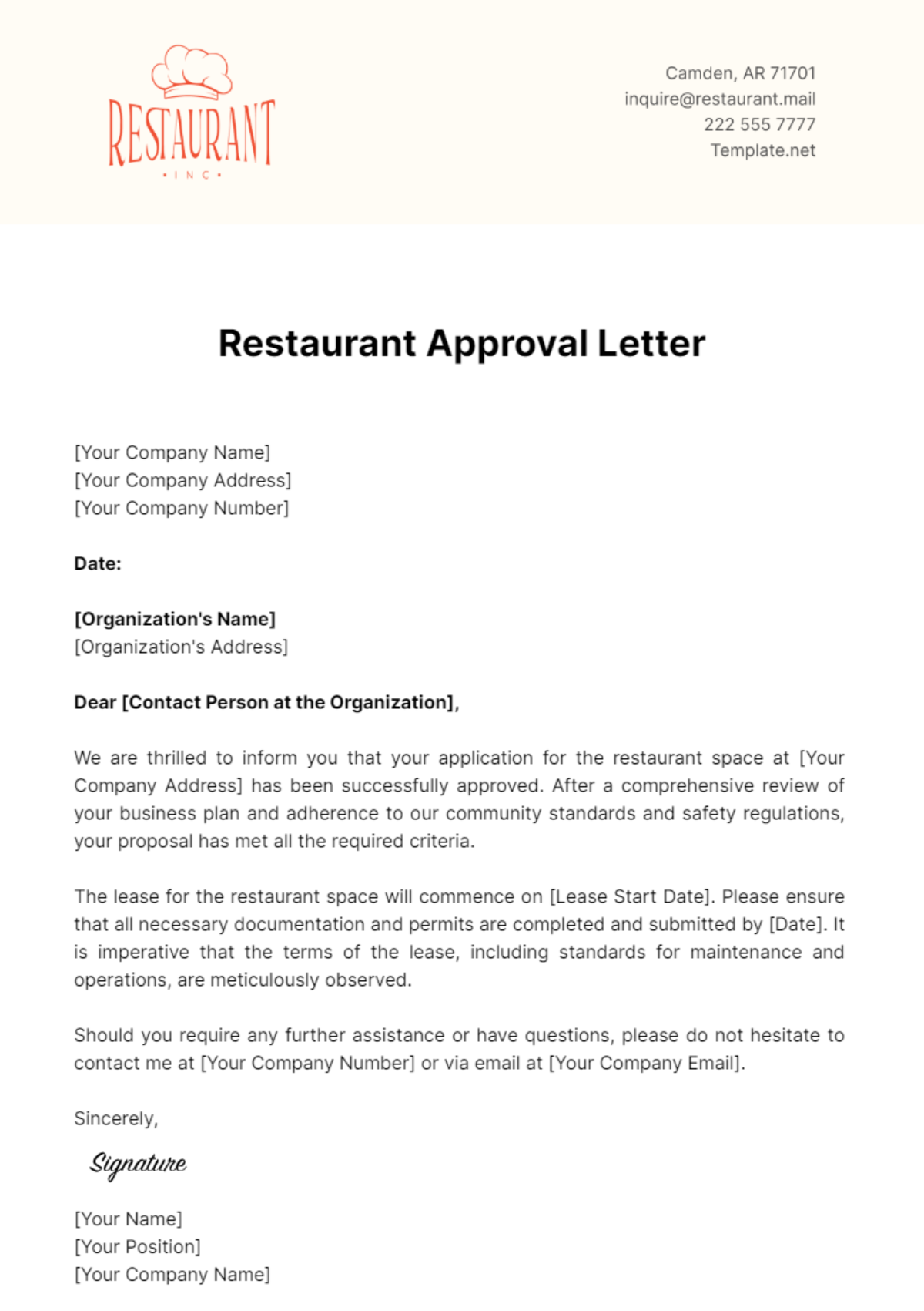 Restaurant Approval Letter Template - Edit Online & Download