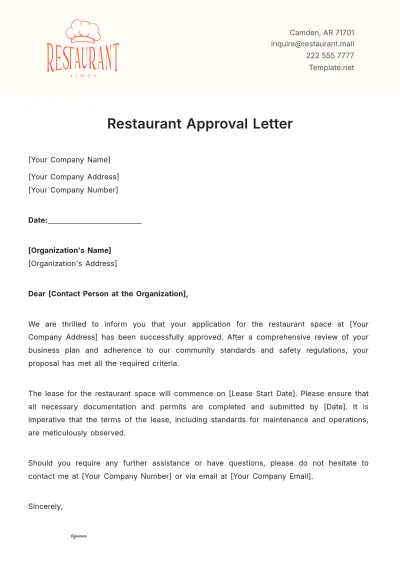 Free Restaurant Approval Letter Template to Edit Online