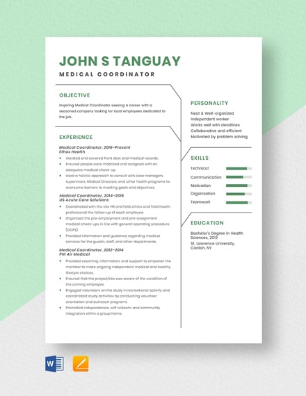Free Medical Coordinator Resume Template - Word, Apple Pages