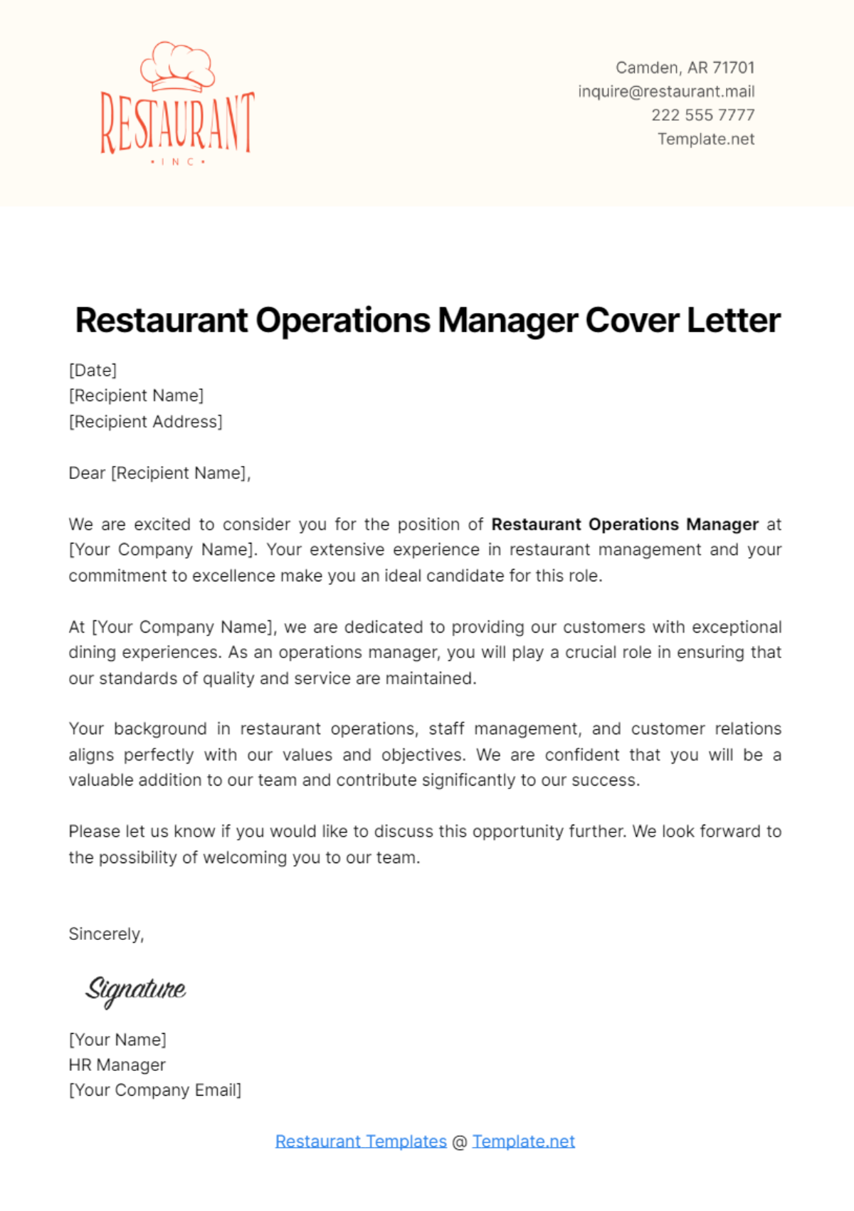 Restaurant Operations Manager Cover Letter Template - Edit Online & Download