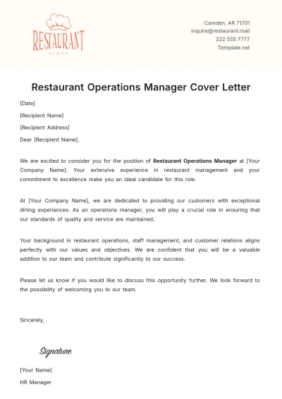 Free Restaurant Operations Manager Cover Letter Template to Edit Online