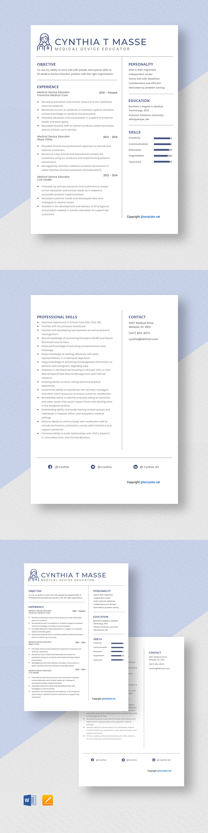 Medical Device Educator Resume Template Word, Apple Pages