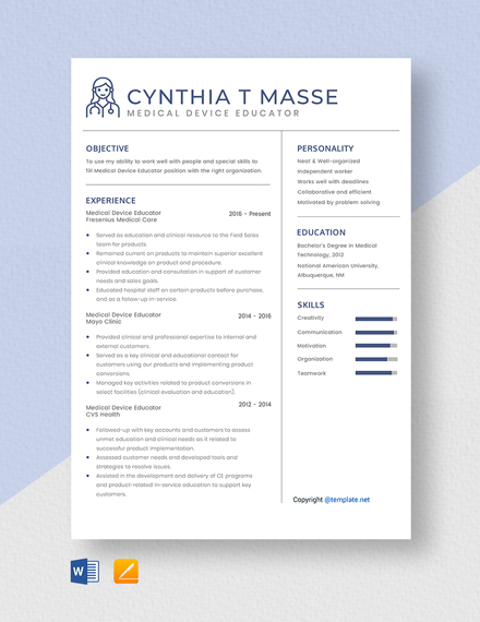 Medical Device Educator Resume Template - Word, Apple Pages