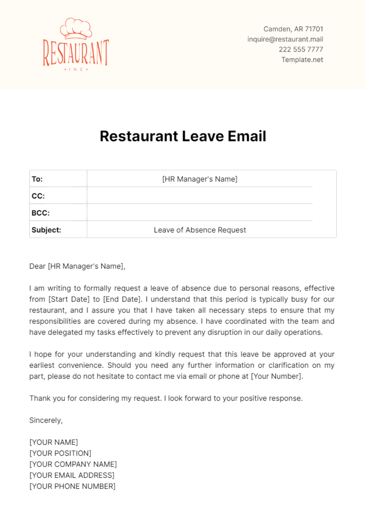 Free Restaurant Leave Email Template