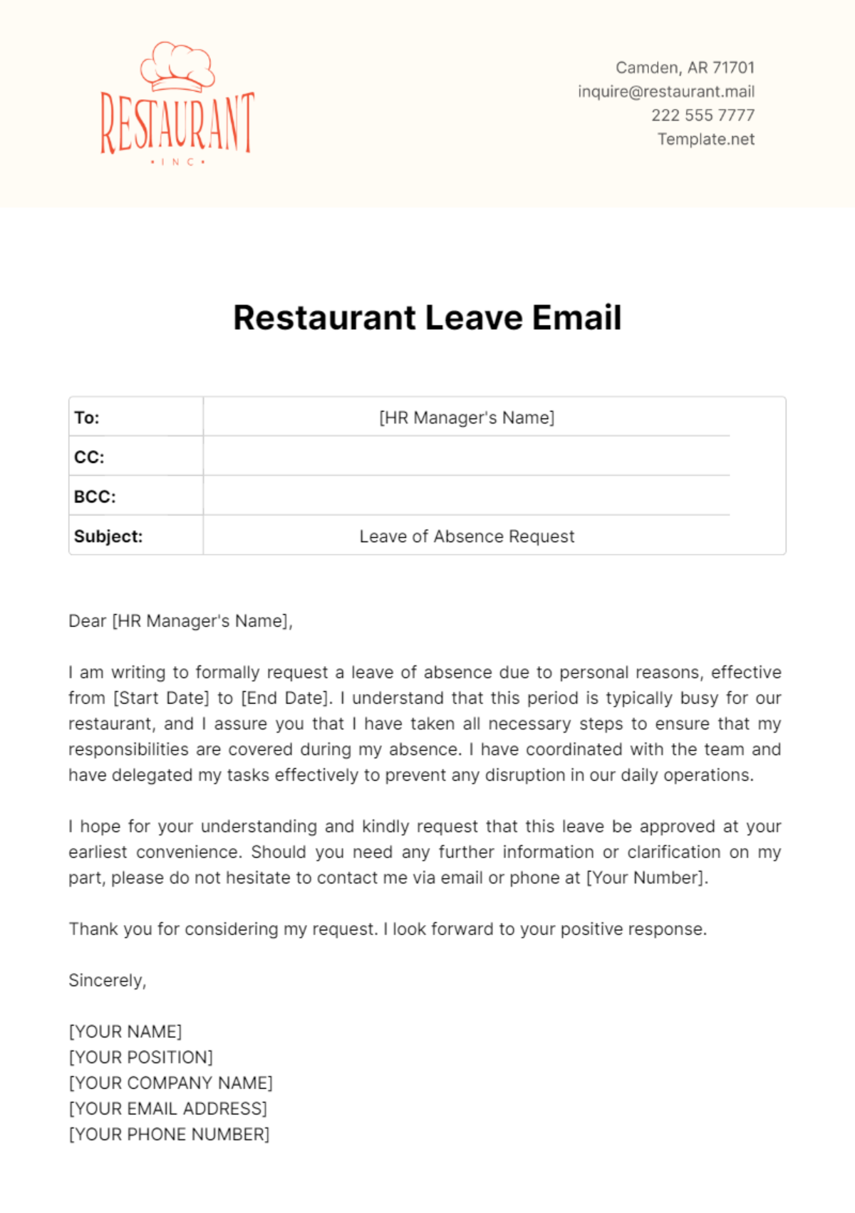 Restaurant Leave Email Template - Edit Online & Download