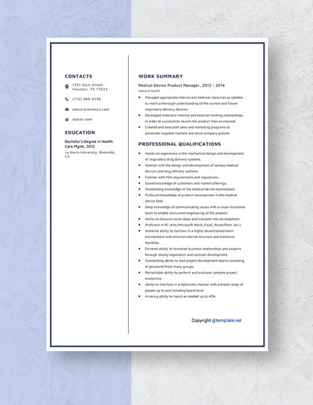 Medical Device Product Manager Resume Template