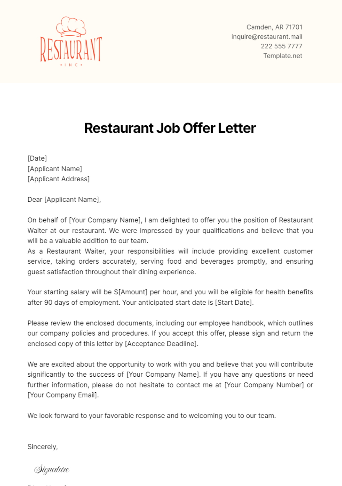 Restaurant Job Offer Letter Template - Edit Online & Download