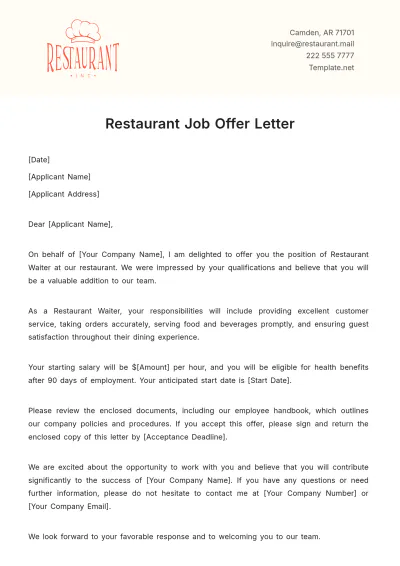 Free Restaurant Job Offer Letter Template to Edit Online