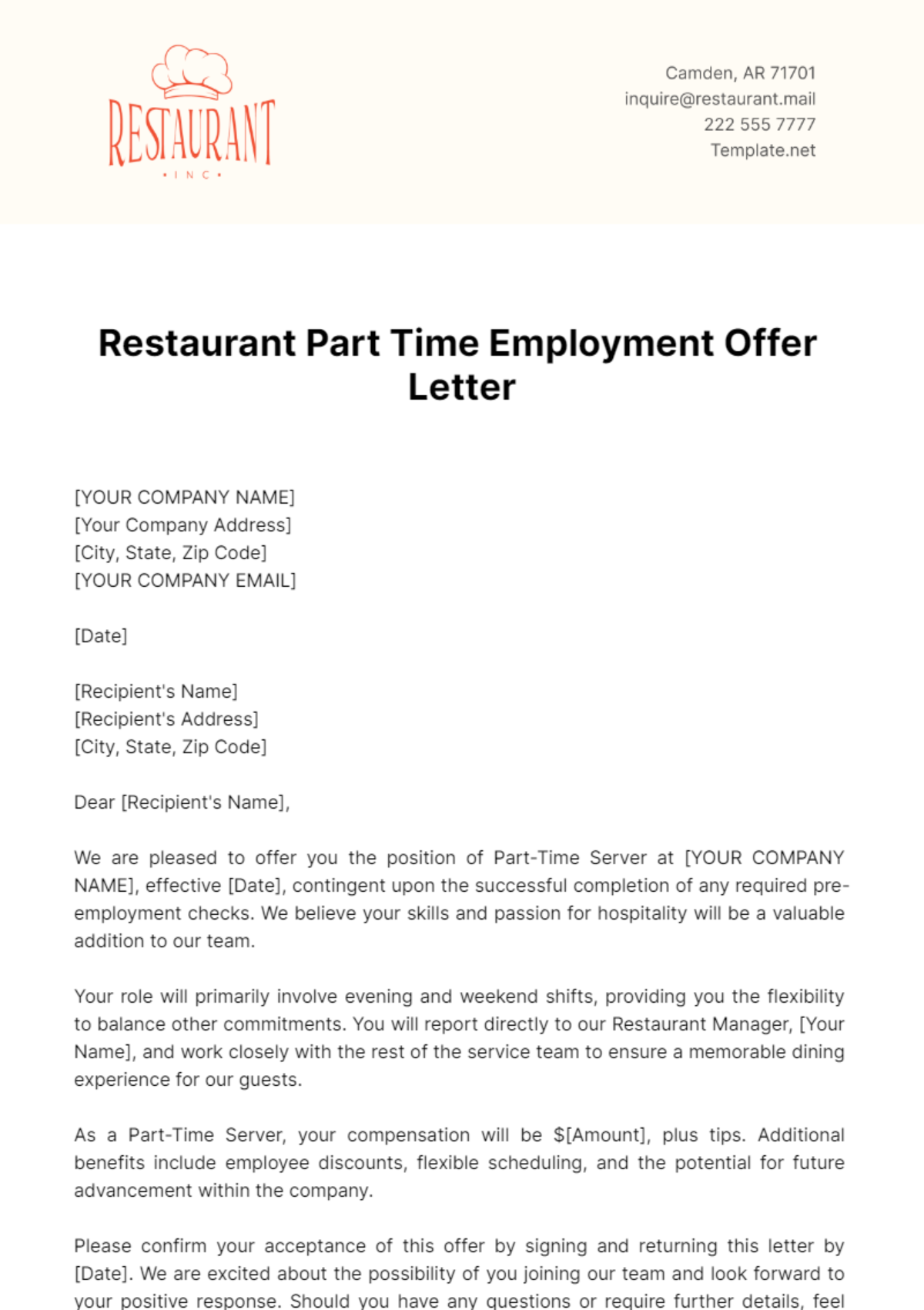 Restaurant Part Time Employment Offer Letter Template - Edit Online & Download