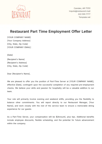 Free Restaurant Part Time Employment Offer Letter Template to Edit Online