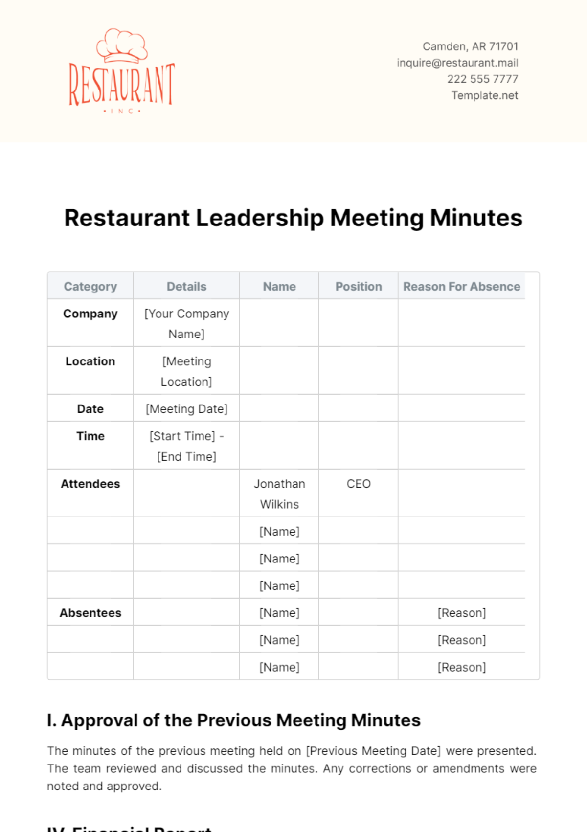 Restaurant Leadership Meeting Minutes Template - Edit Online & Download