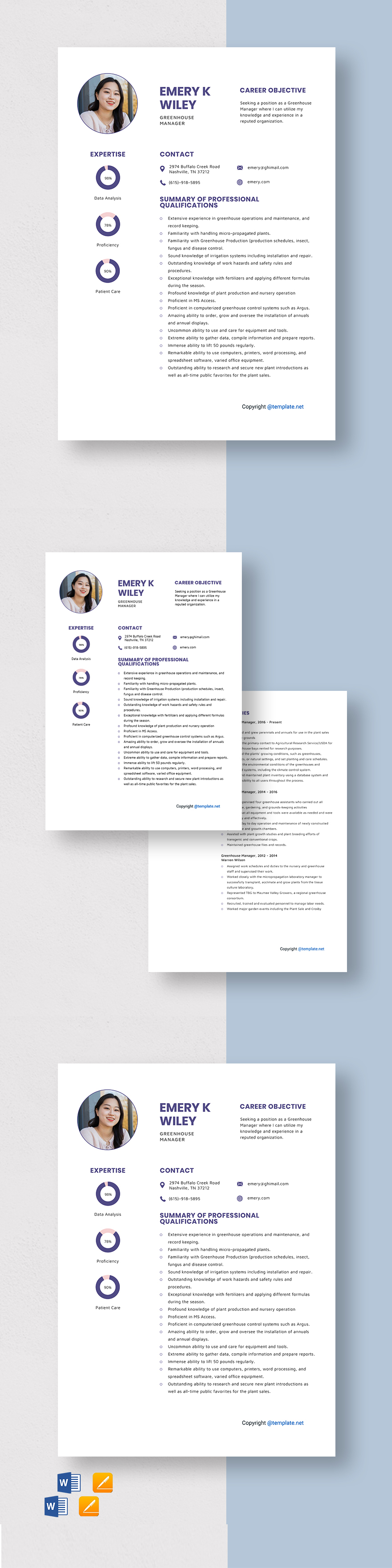 Free Greenhouse Manager Resume Template Word, Apple Pages