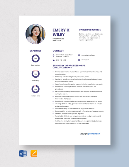 Free Greenhouse Manager Resume Template - Word, Apple Pages