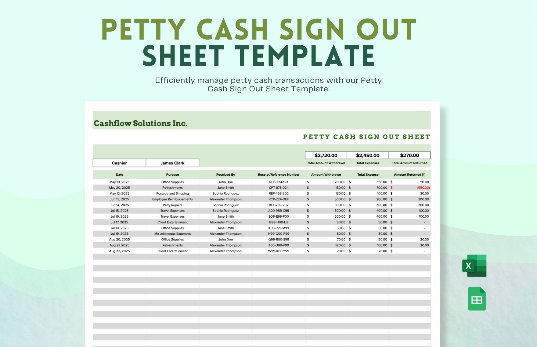 Free Petty Cash Sign Out Sheet Template in Excel, Google Sheets