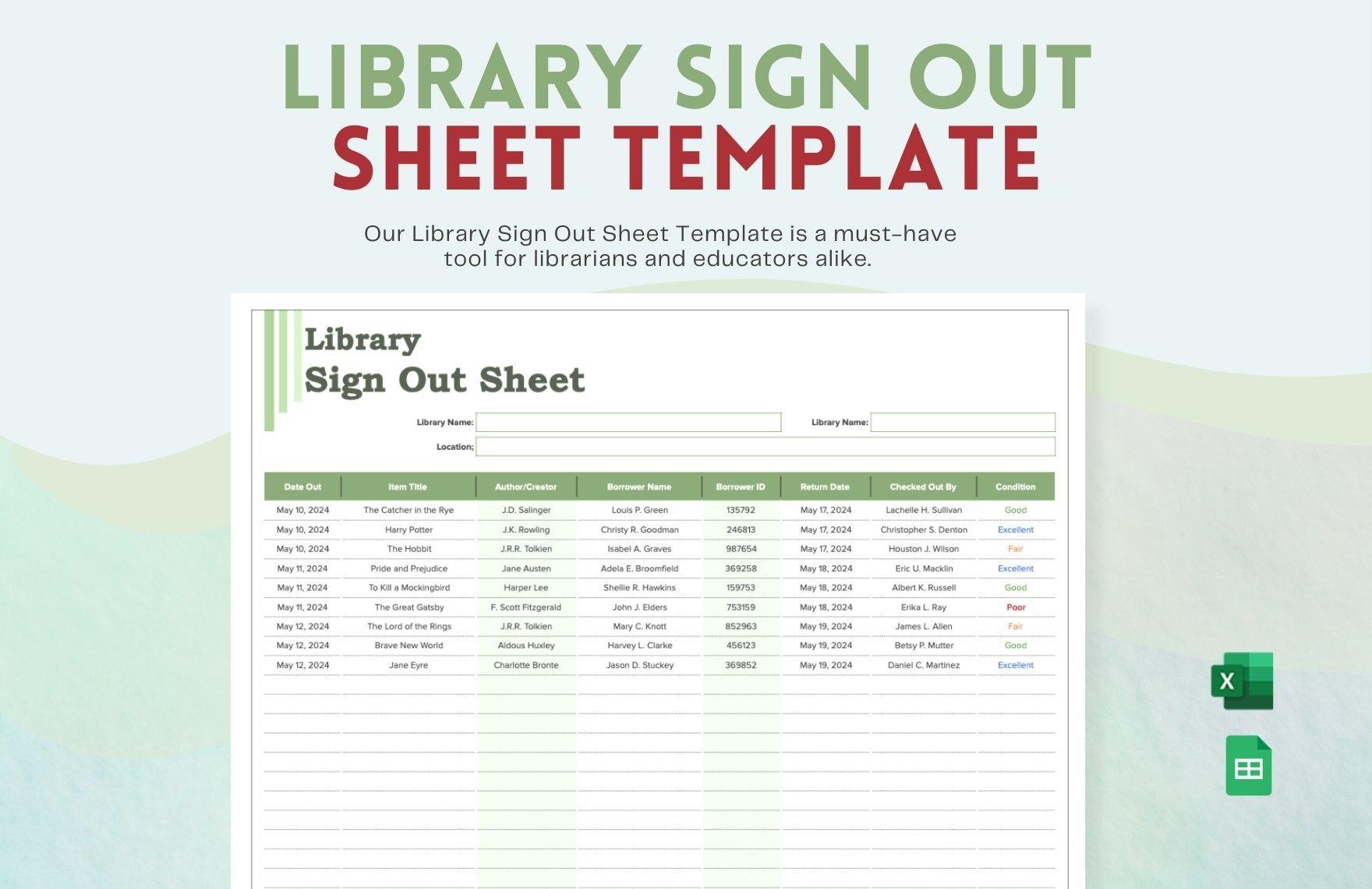 Library Sign Out Sheet Template in Excel, Google Sheets