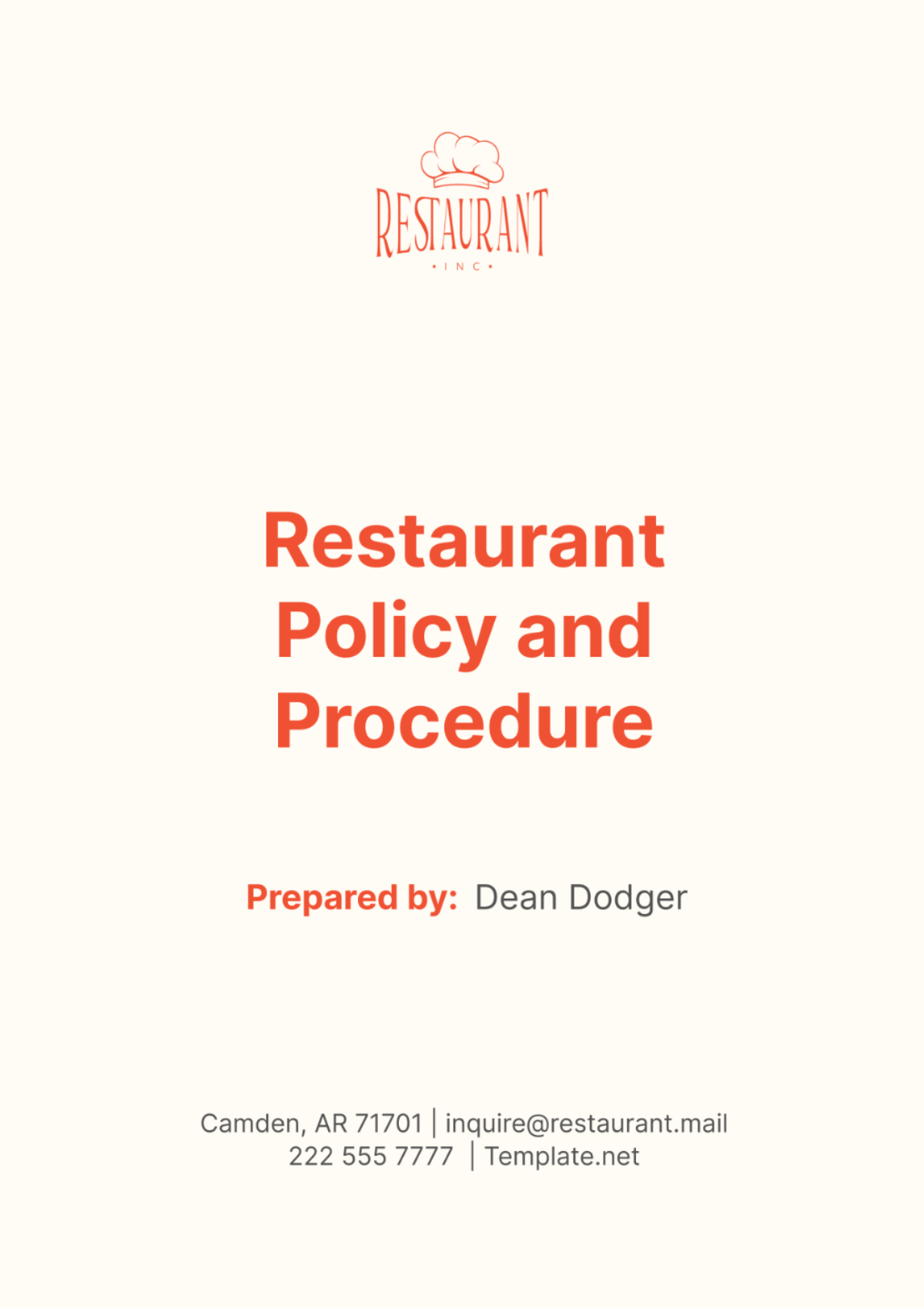 Restaurant Policy and Procedure Template