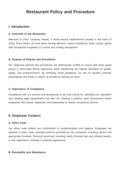 Free Restaurant Policy and Procedure Template to Edit Online