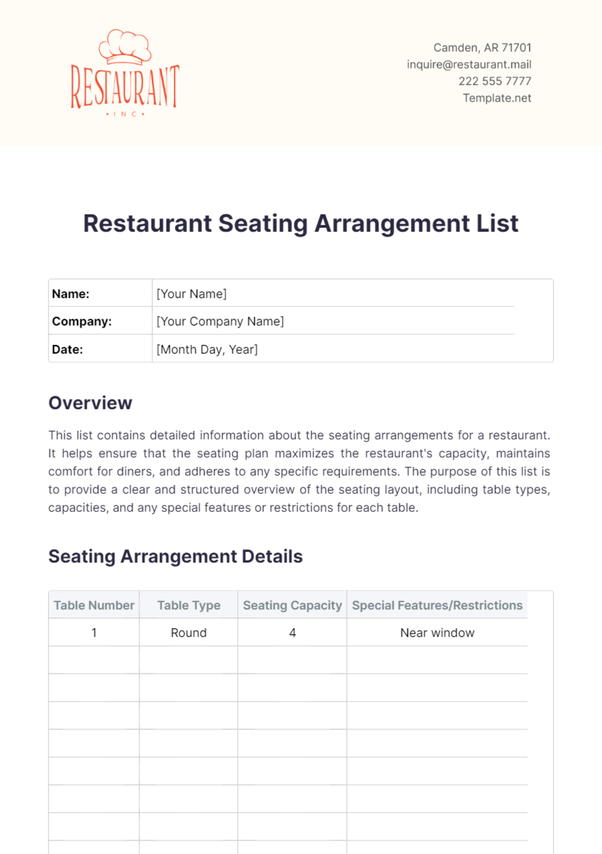 Restaurant Seating Arrangement List Template - Edit Online & Download