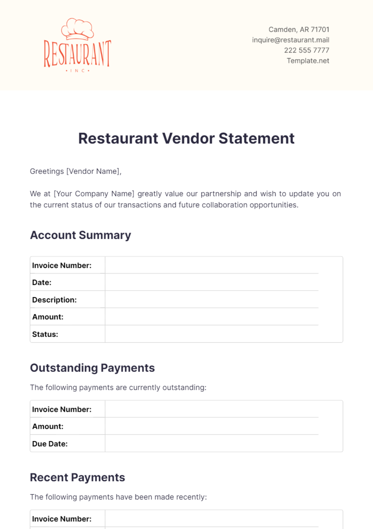 Restaurant Vendor Statement Template - Edit Online & Download