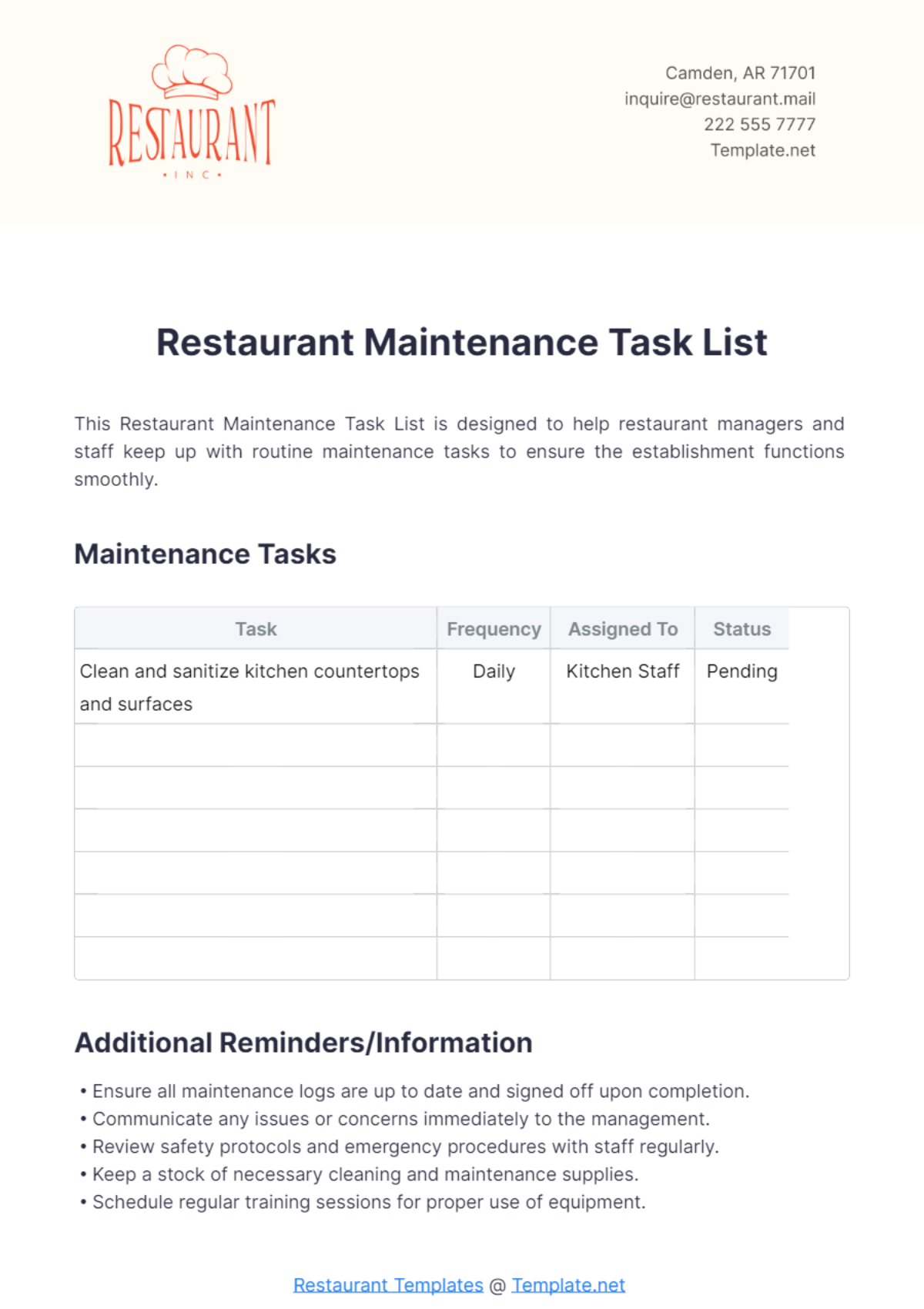 Restaurant Maintenance Task List Template - Edit Online & Download