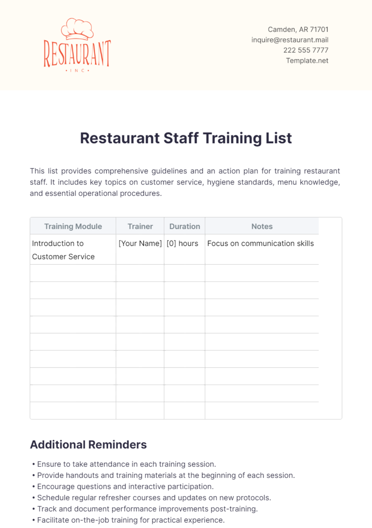 Restaurant Staff Training List Template - Edit Online & Download