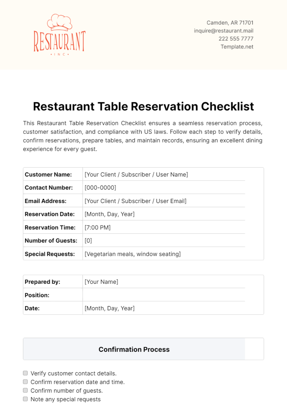 Restaurant Table Reservation Checklist Template