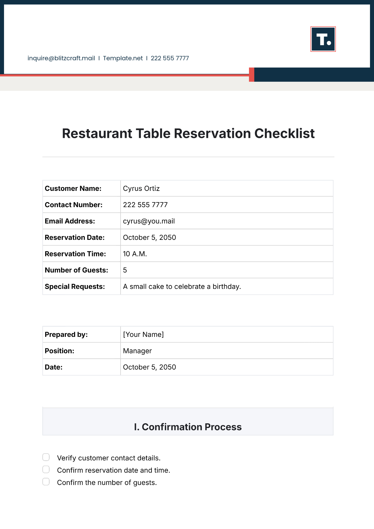 Restaurant Table Reservation Checklist Template - Edit Online & Download