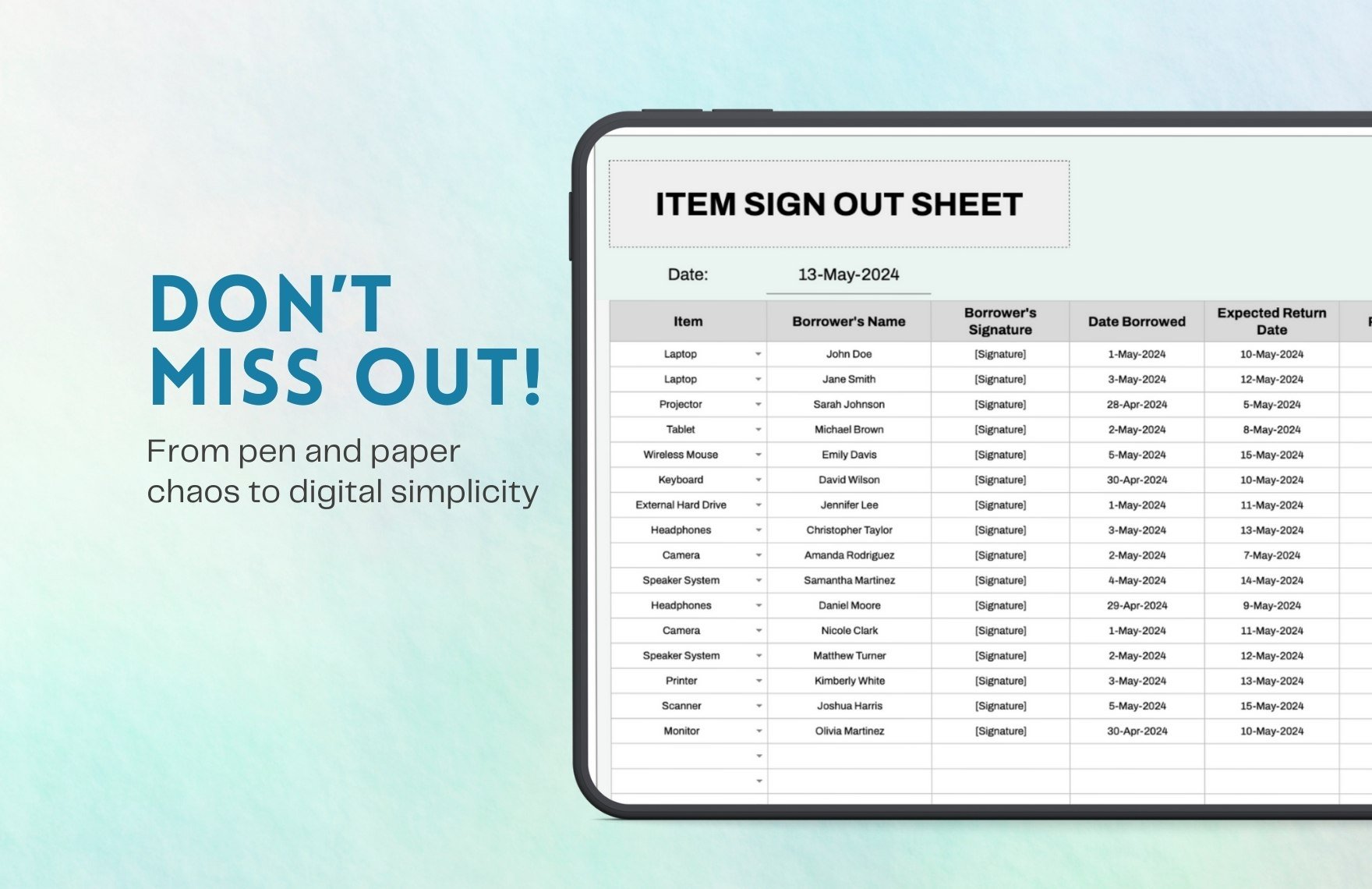 Item Sign Out Sheet Template