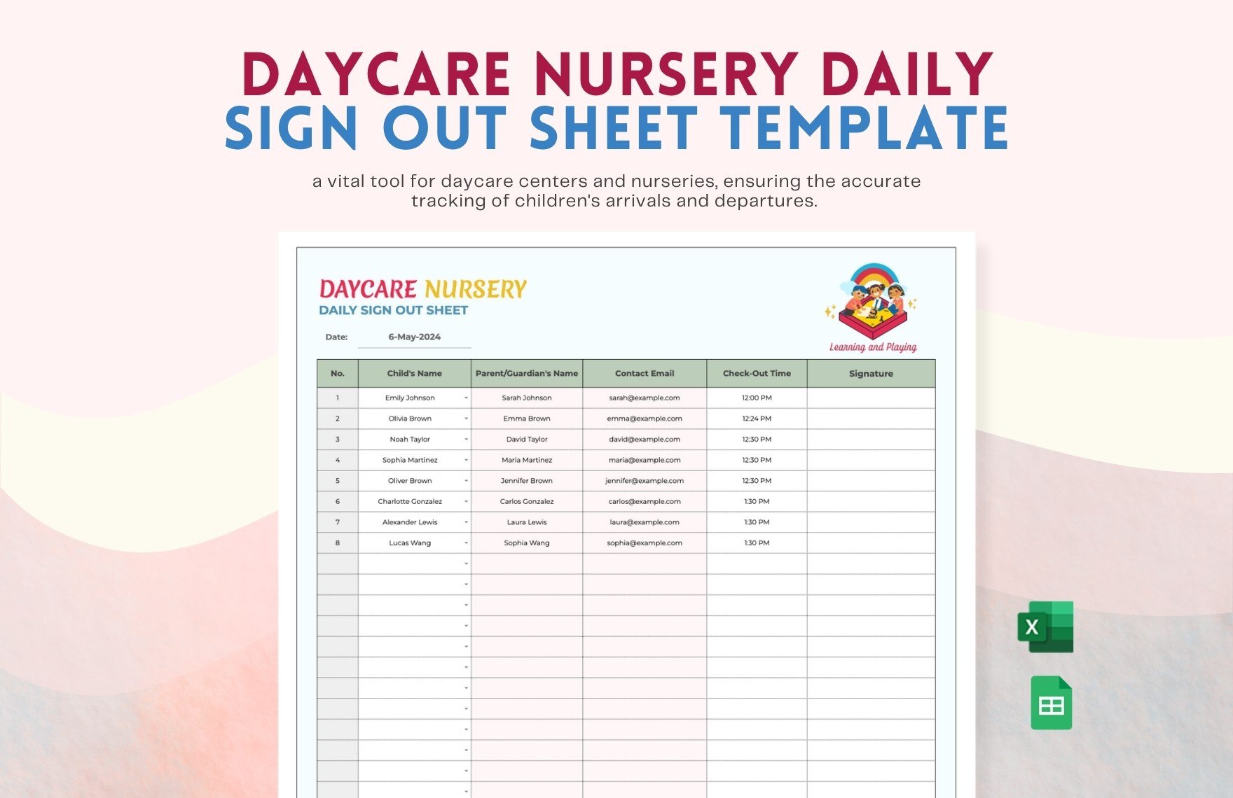 Free Daycare Nursery Daily Sign Out Sheet Template in Excel, Google Sheets