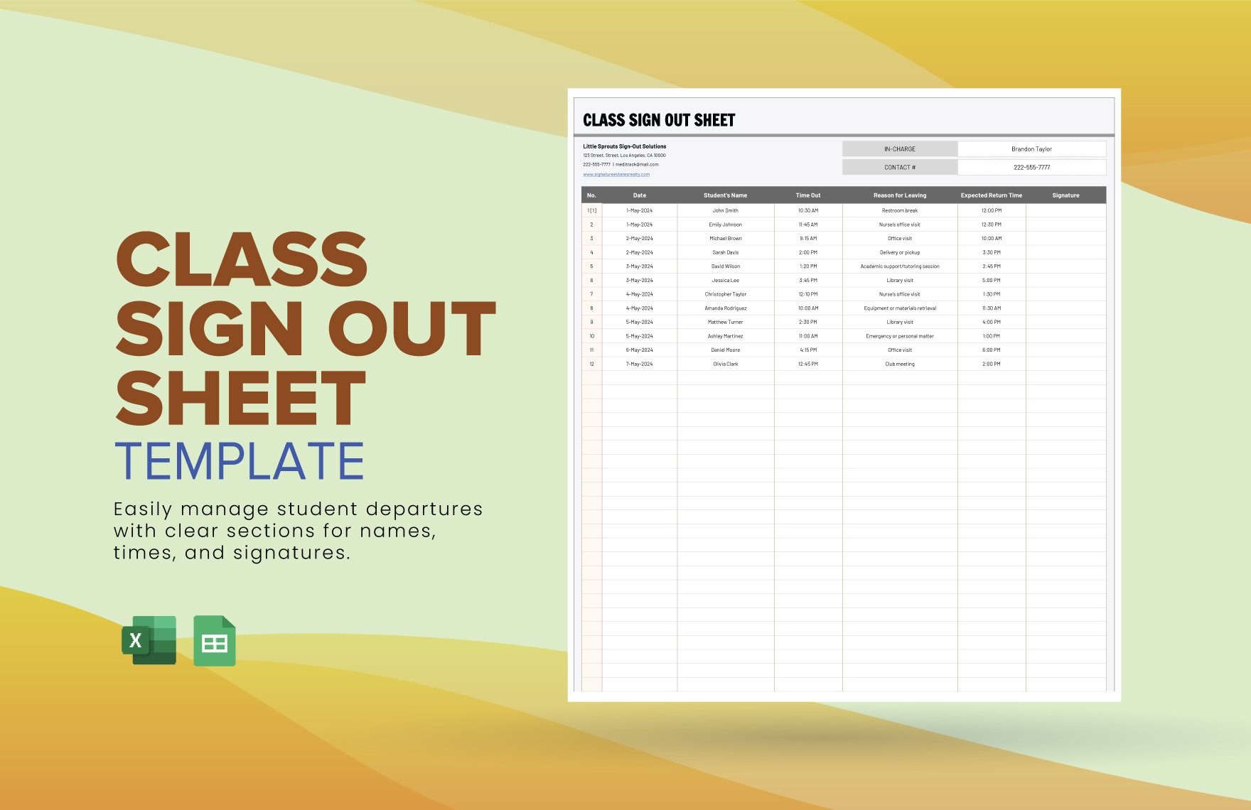 Class Sign Out Sheet Template in Excel, Google Sheets