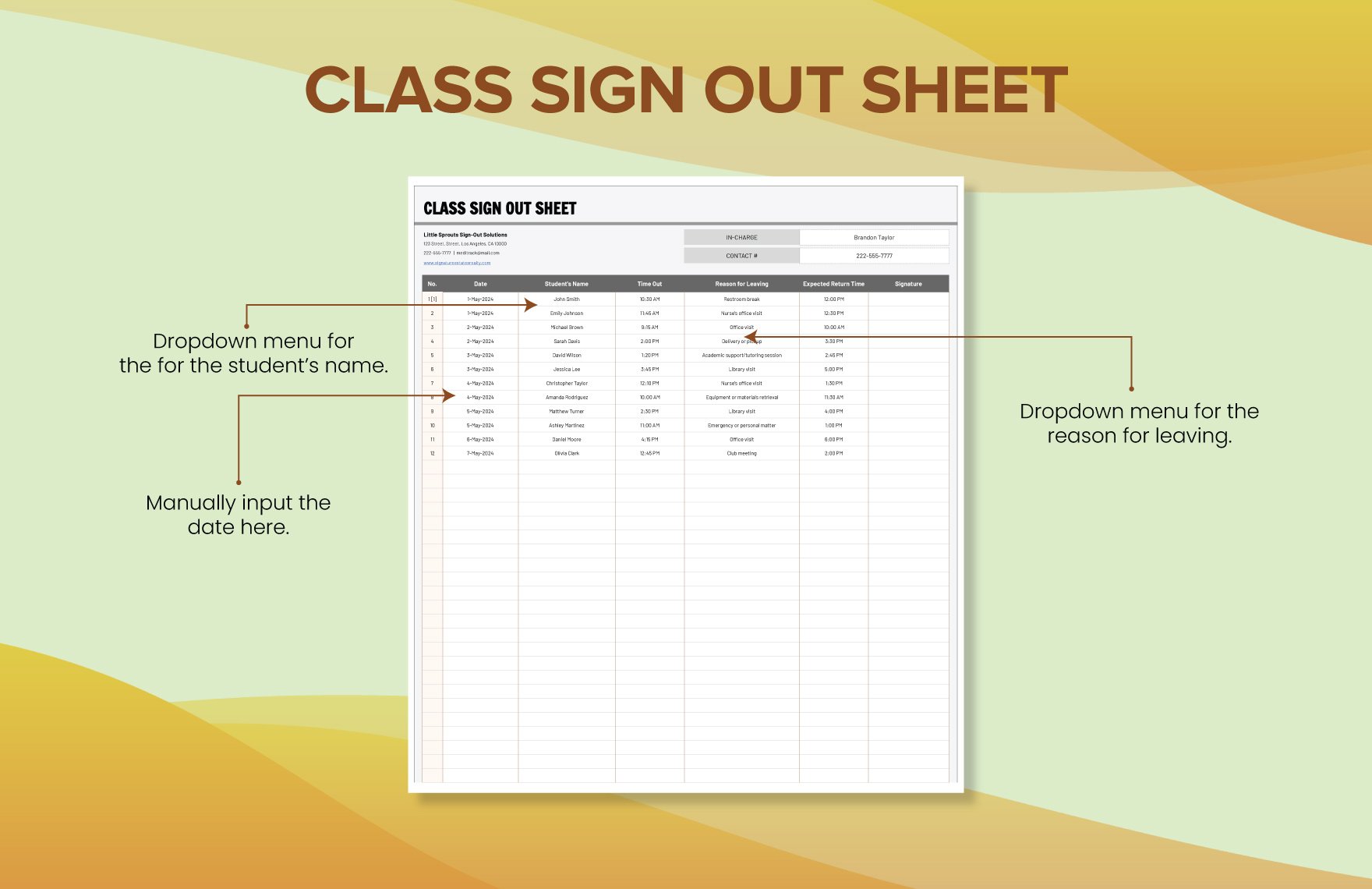 Class Sign Out Sheet Template