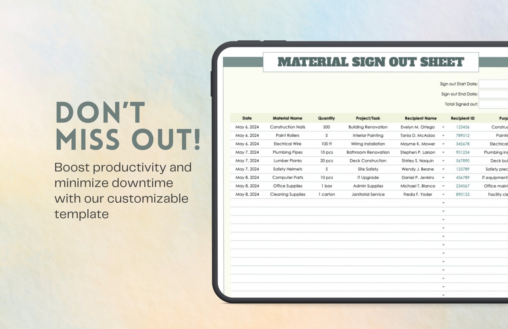 Material Sign Out Sheet Template
