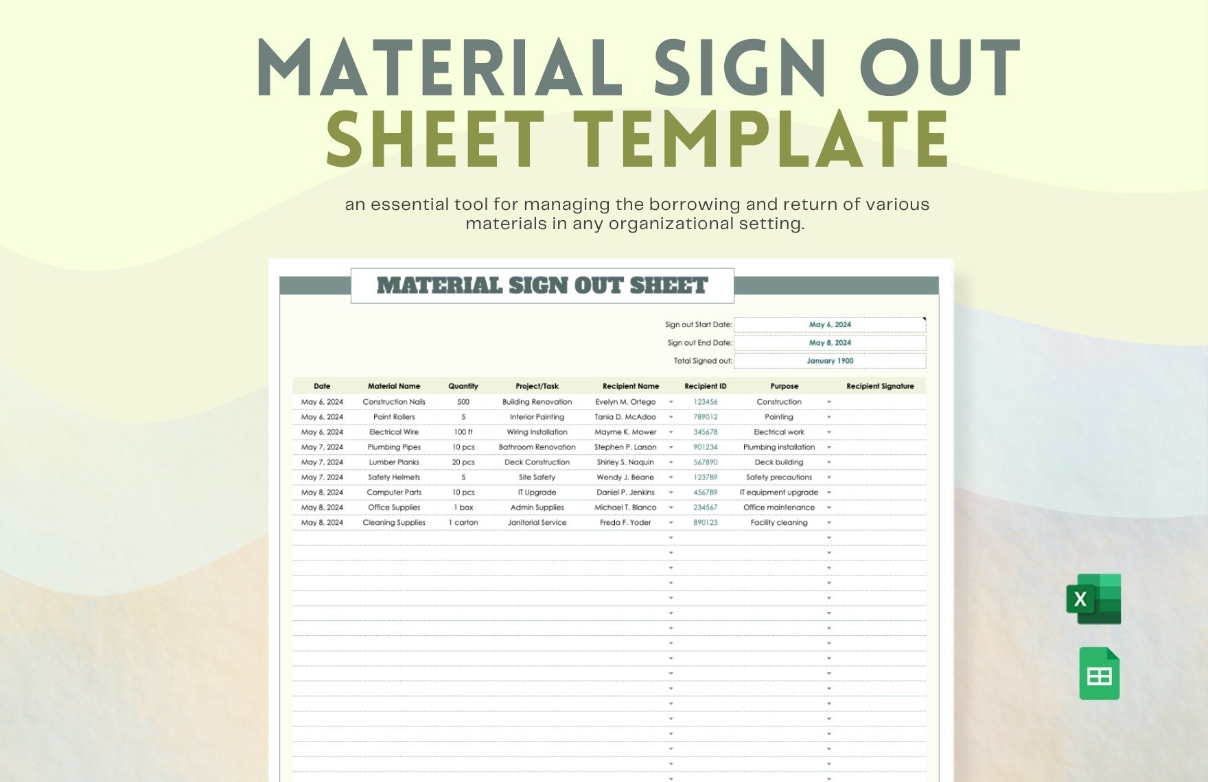 Material Sign Out Sheet Template in Excel, Google Sheets