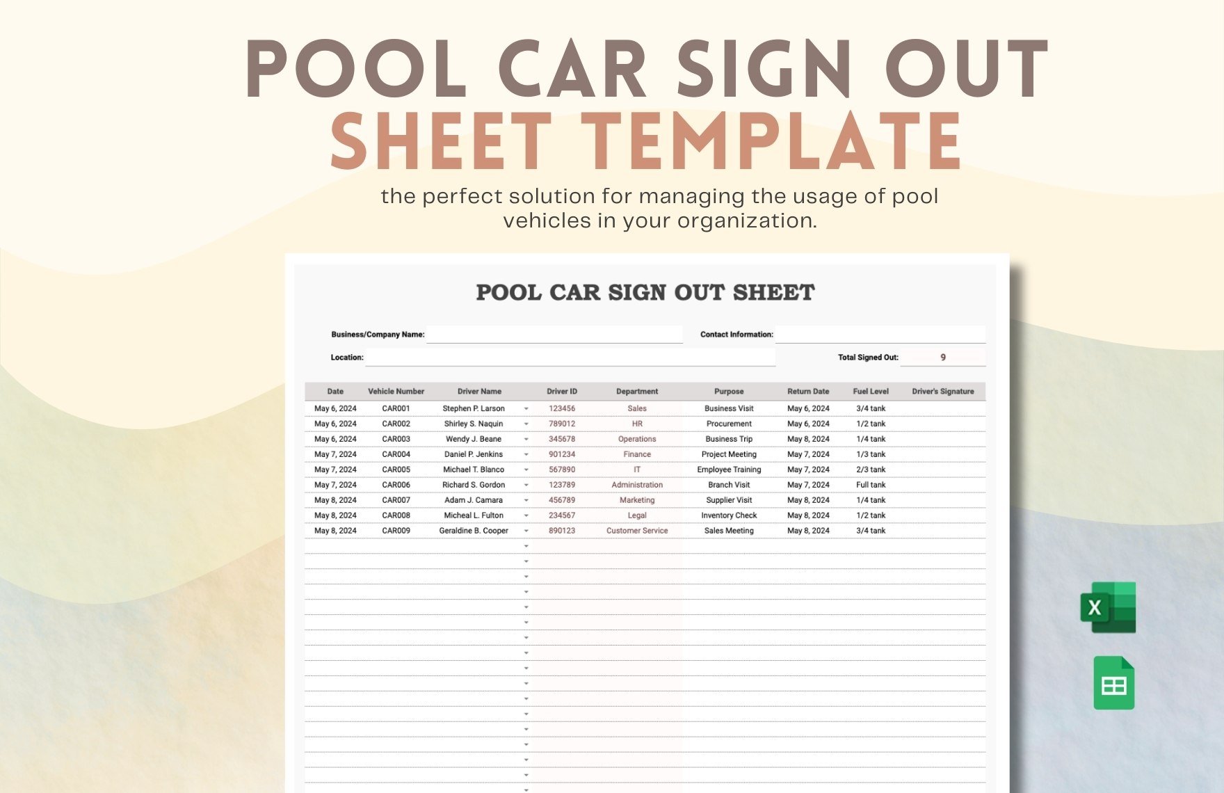 Pool Car Sign Out Sheet Template in Excel, Google Sheets