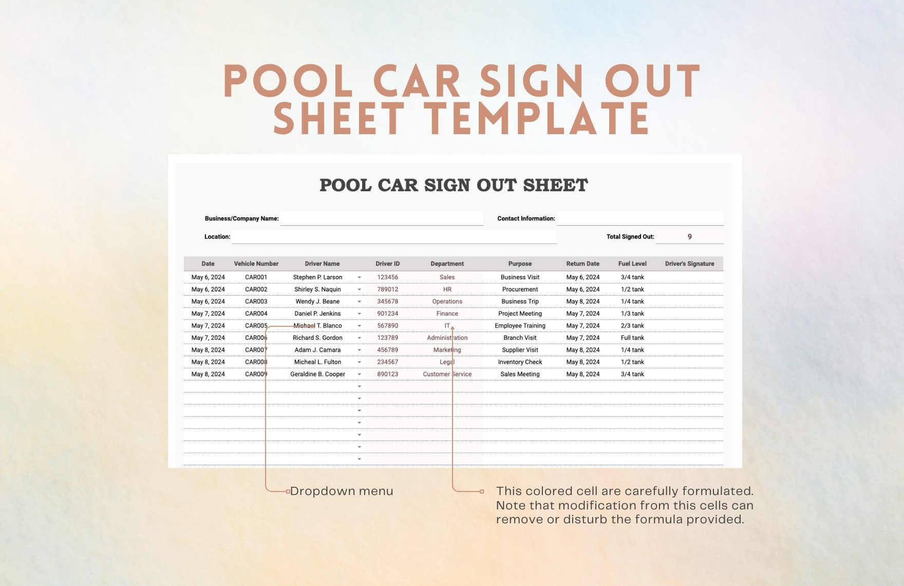 Pool Car Sign Out Sheet Template