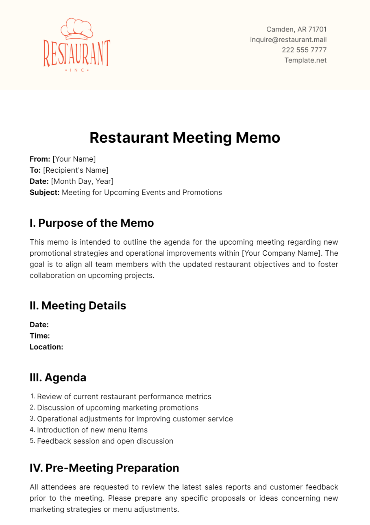 Restaurant Meeting Memo Template - Edit Online & Download