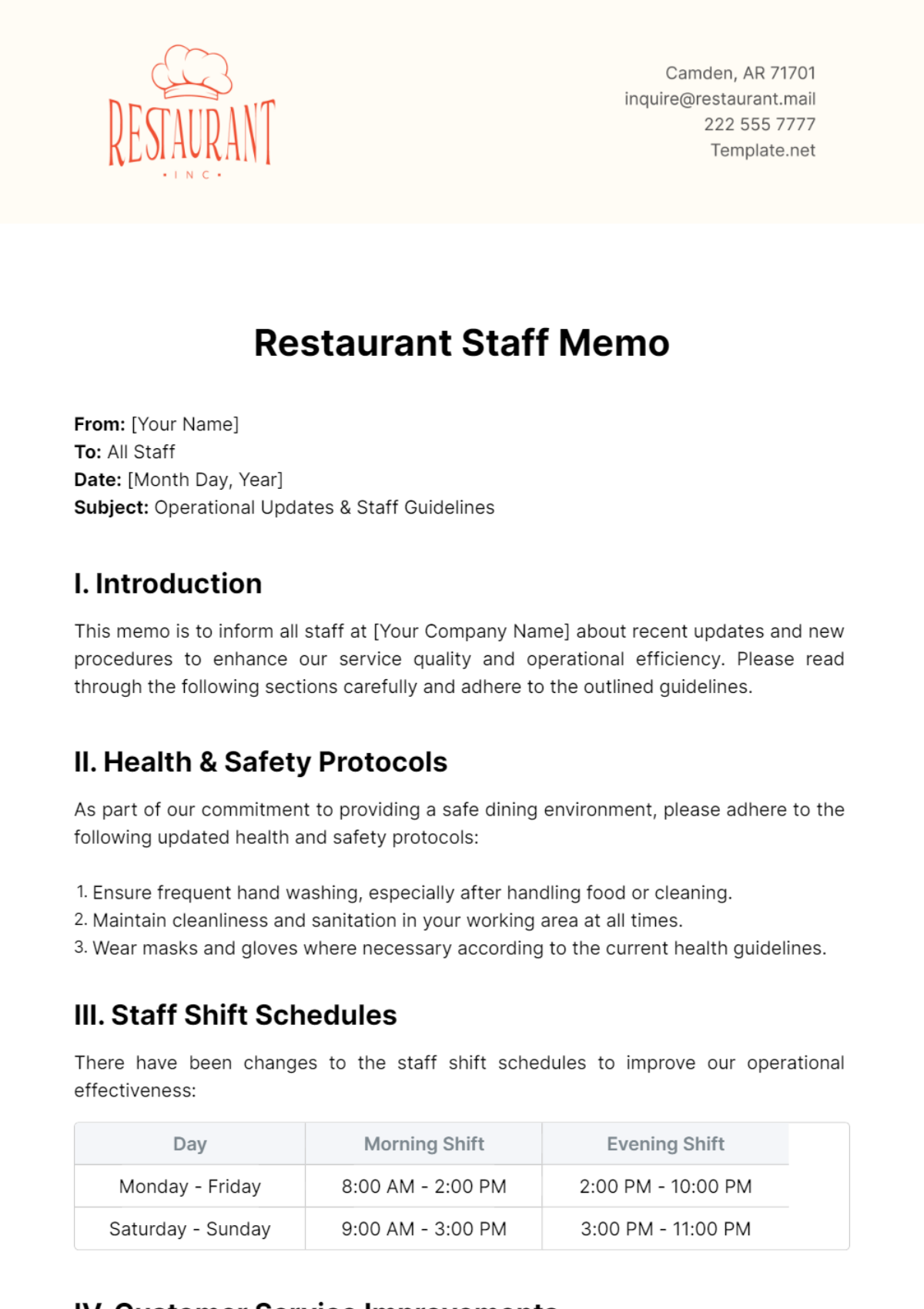 Restaurant Staff Memo Template - Edit Online & Download