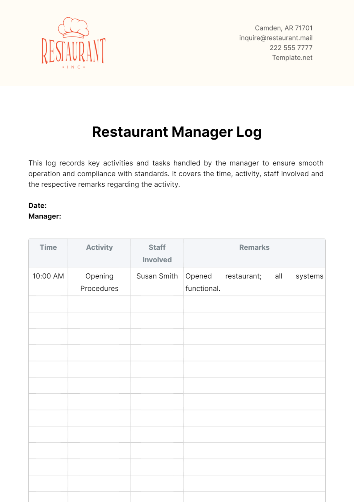 Restaurant Manager Log Template - Edit Online & Download