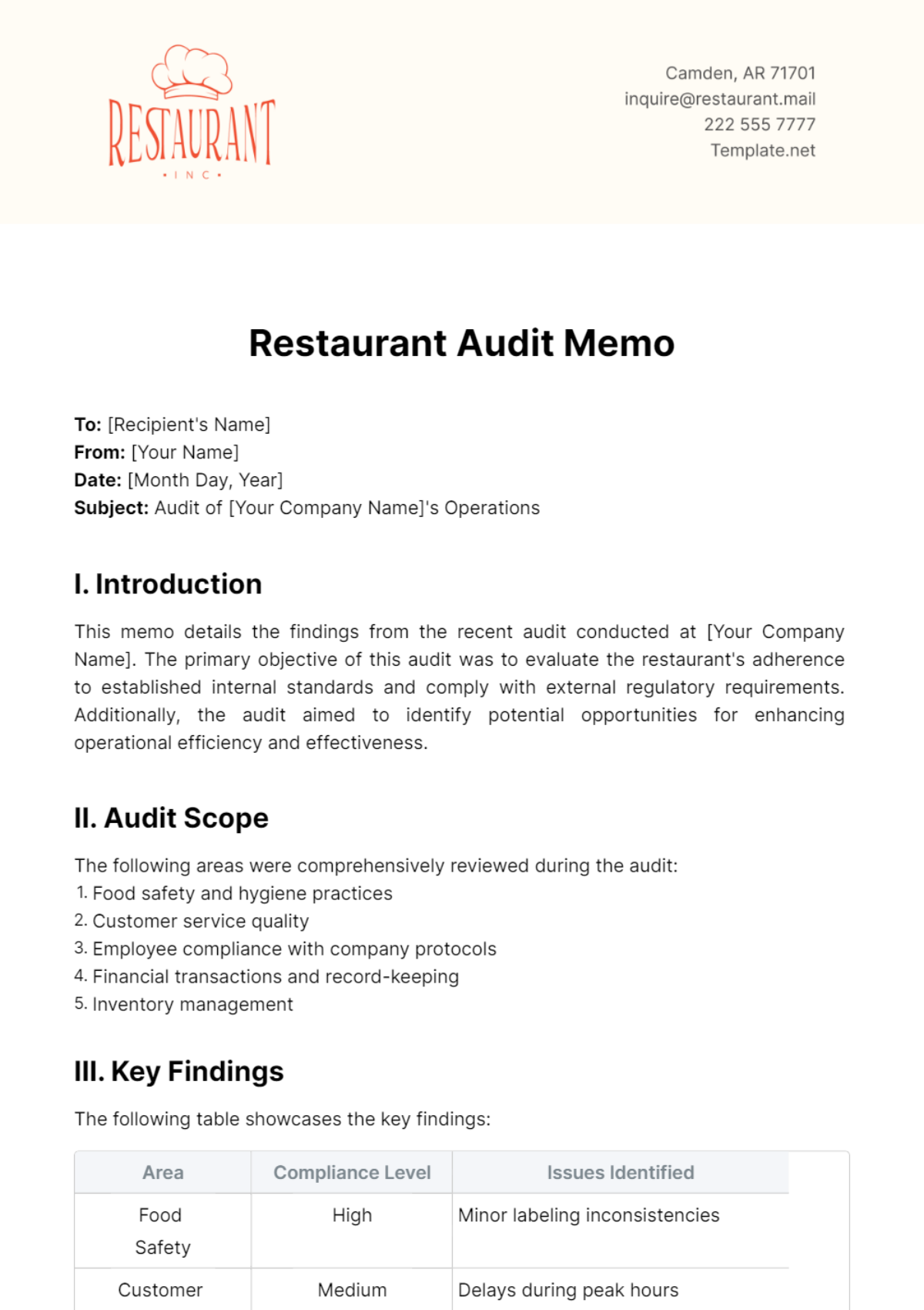 Restaurant Audit Memo Template - Edit Online & Download