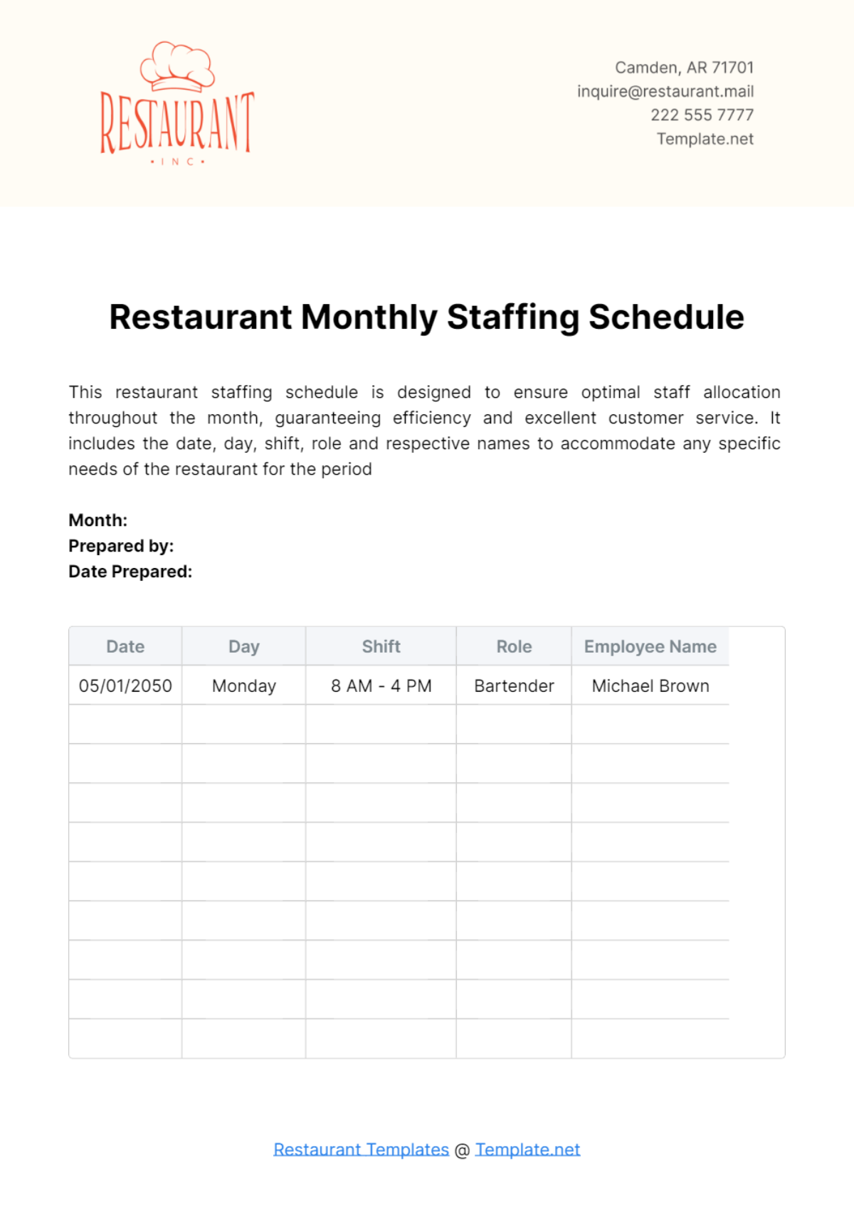 Restaurant Monthly Staffing Schedule Template - Edit Online & Download