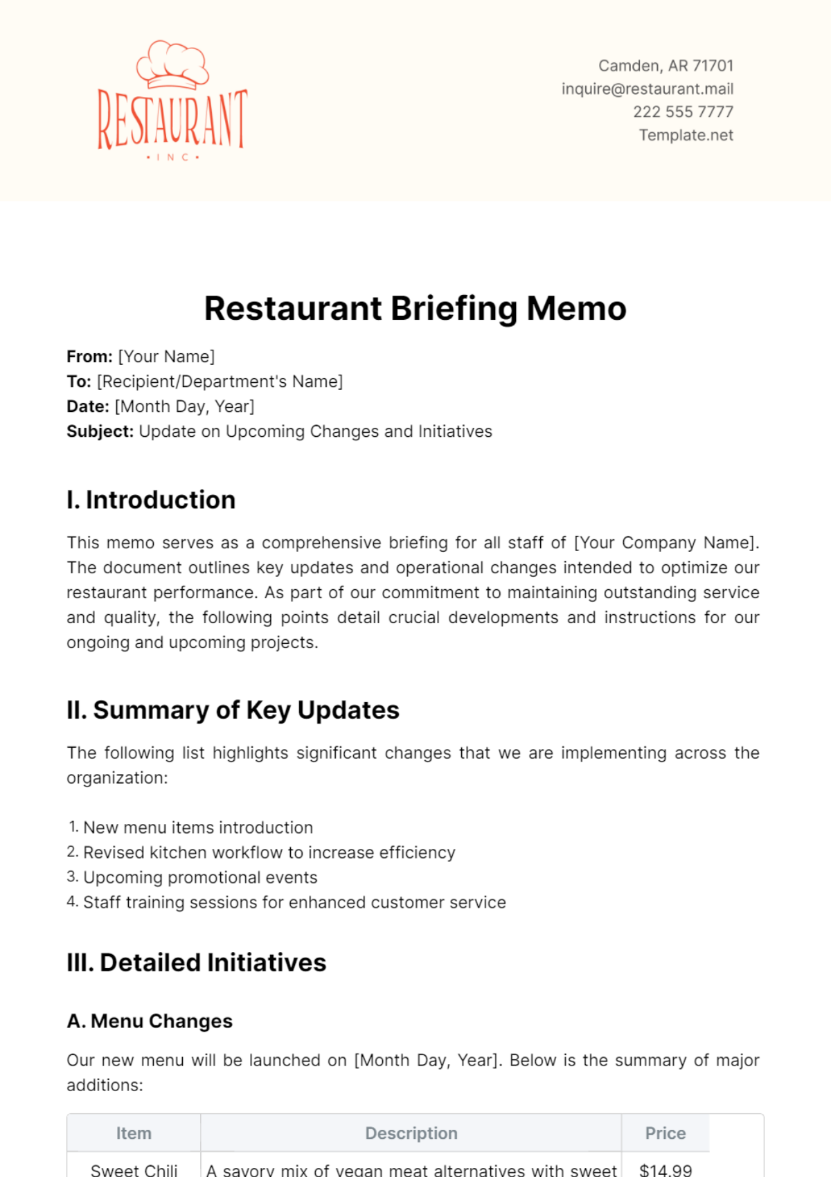 Restaurant Briefing Memo Template - Edit Online & Download