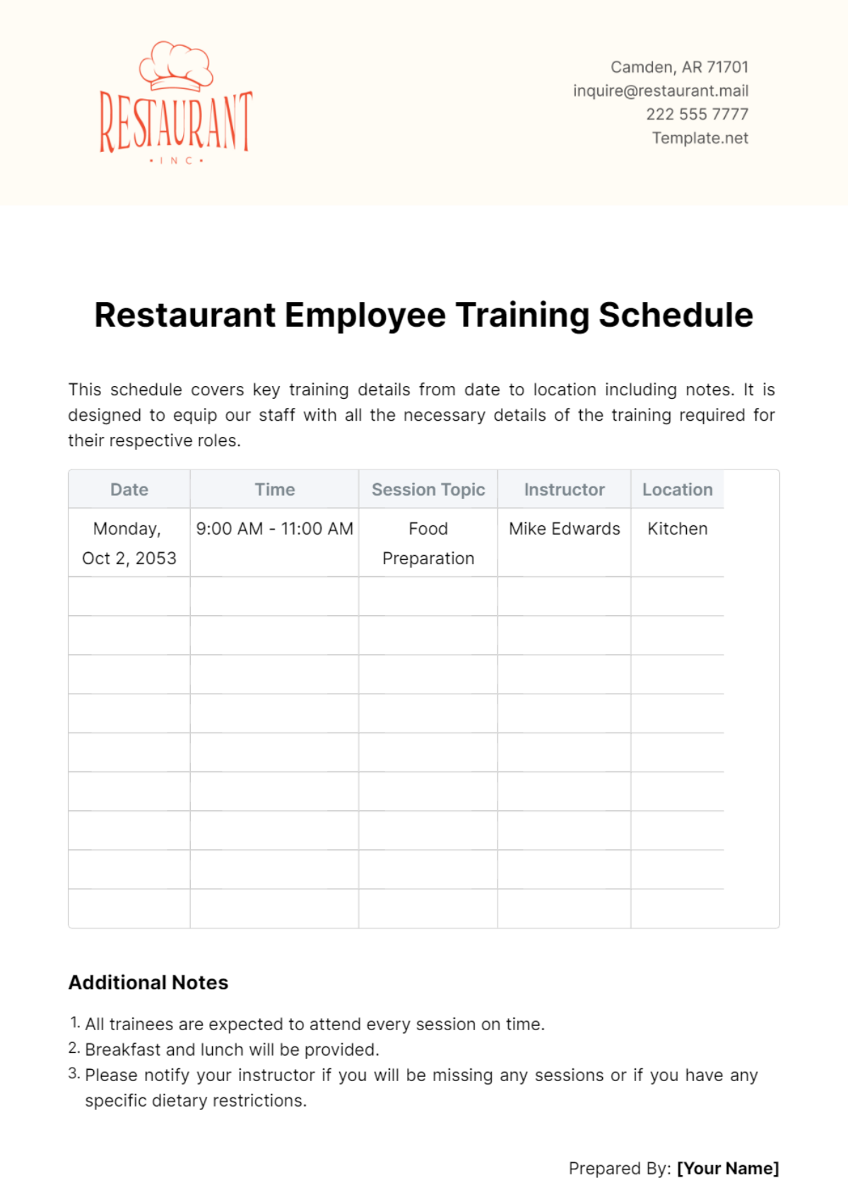 Restaurant Employee Training Schedule Template - Edit Online & Download