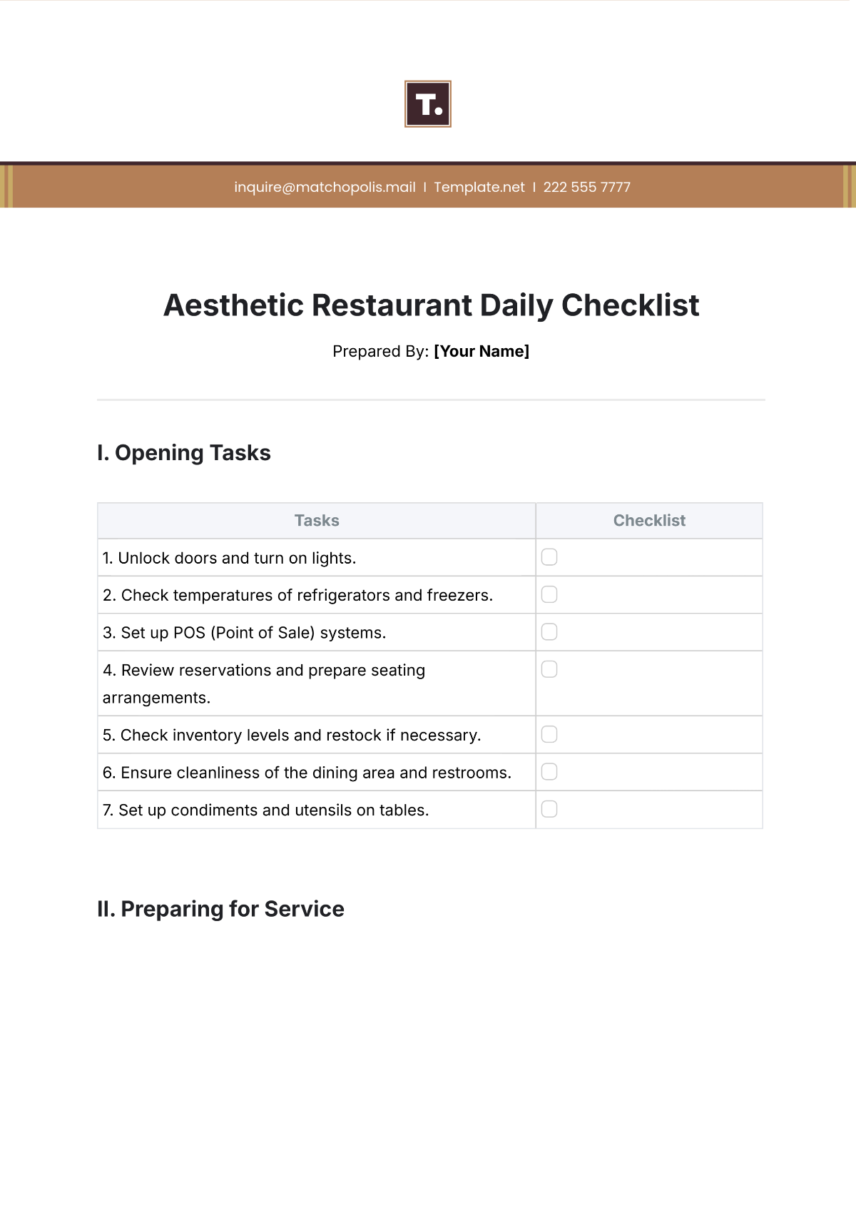 Aesthetic Restaurant Daily Checklist Template - Edit Online & Download